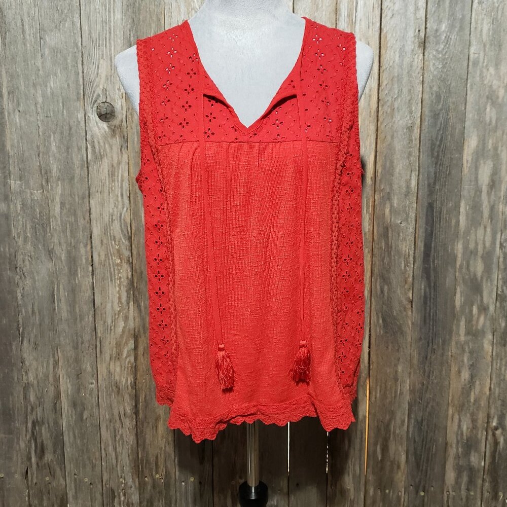 Knox Rose L Tank Top Blouse Red Eyelet Crochet Lace Tassel Tie Sleeveless Eyelet
